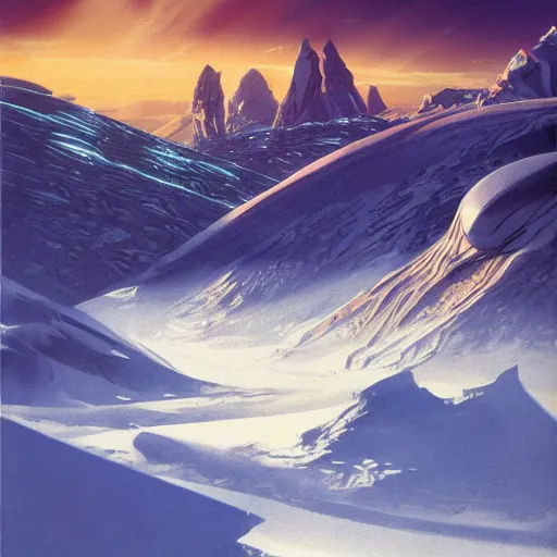 Prompt: Frozen frontiers on an alien planet, mountains above clouds in the background, Syd Mead, John Harris, Federico Pelat,