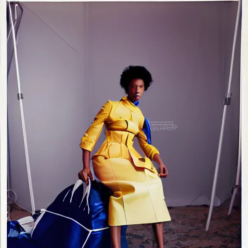 Image similar to realistic photoshooting for a new balenciaga lookbook, color film photography, portrait of a beautiful woman, by photo in style of Tyler Mitchell, wes anderson, Julia Hetta, Tim Walker, Petra Collins, 35mm,