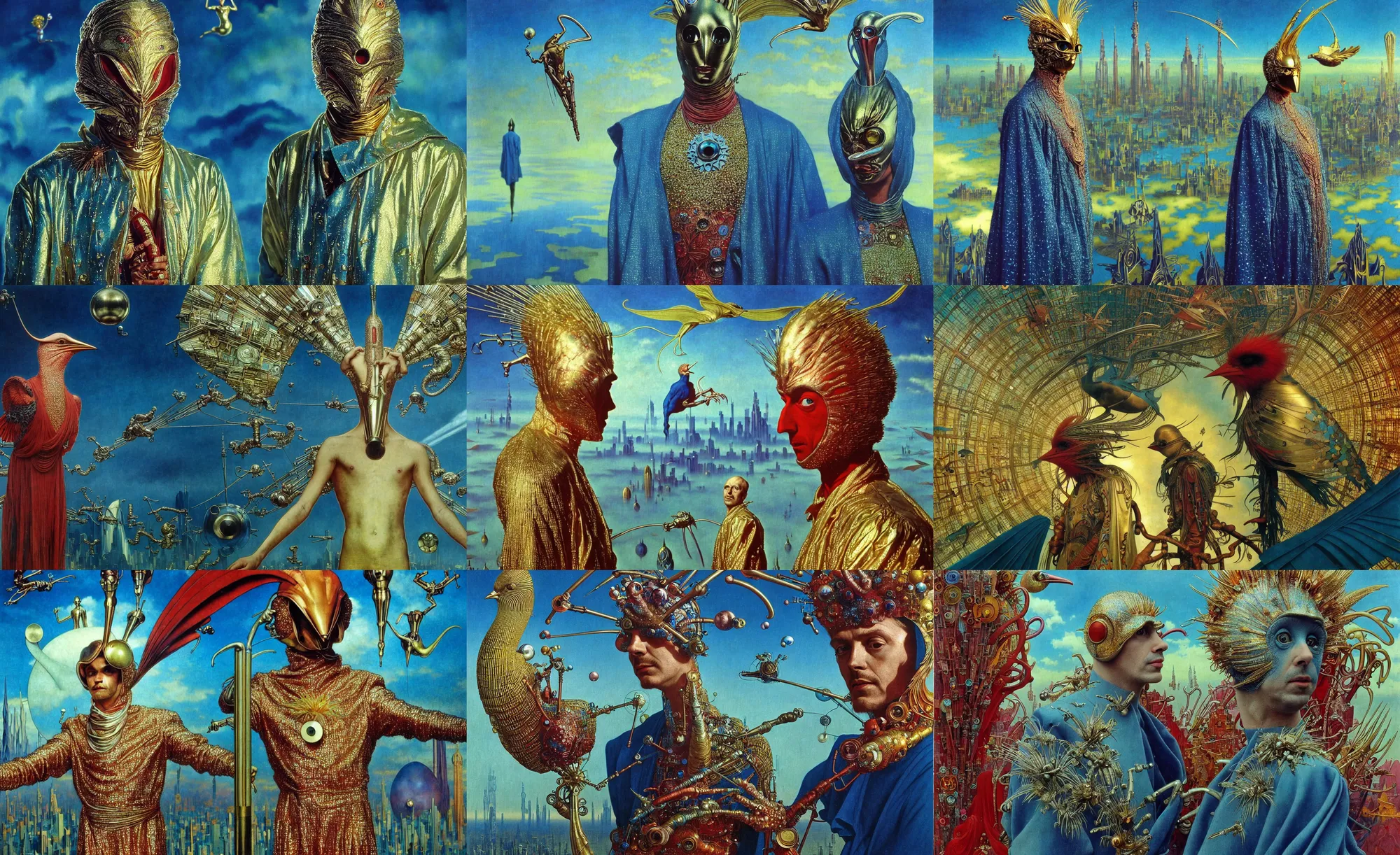 Prompt: realistic detailed portrait movie shot of a birdman wearing metallic robes, sci fi city landscape background by denis villeneuve, amano, yves tanguy, alphonse mucha, ernst haeckel, max ernst, roger dean, masterpiece, rich moody colours, blue eyes