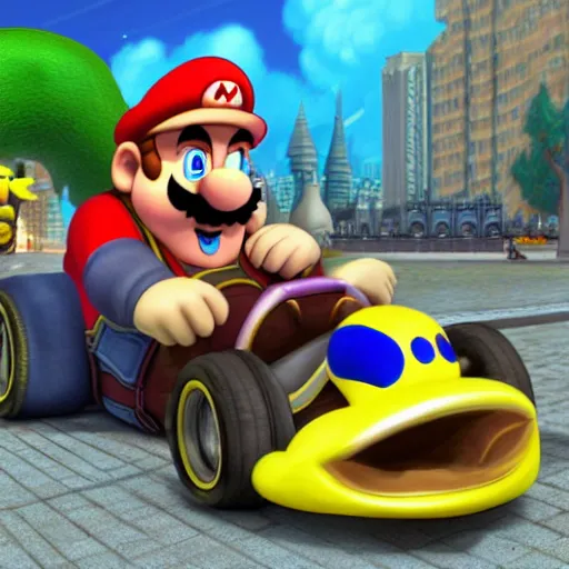 Image similar to Gérard Depardieu as Wario in Mario Kart, nintendo, highly detailed, digital painting, artstation, concept art, sharp focus, illustration, art by Tony Sart and artgerm and randy vargas