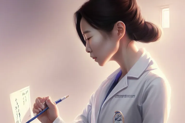 Prompt: a elegant and beautiful chinese female doctor in a white coat in a clinic, cinematic, highly detailed, digital painting, artstation, concept art, matte, sharp focus, illustration, art by artgerm and greg rutkowski