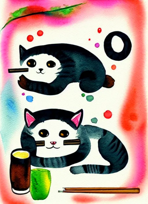 Image similar to cute cats and sushi watercolour