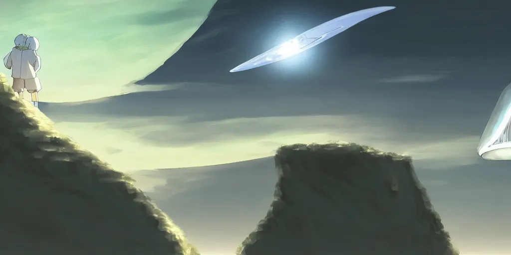 Image similar to an asymmetrical cell - shaded studio ghibli concept art study of a giant silver hovering ufo shining a spotlight on a middle eastern merchant. very dull colors,, hd, 4 k, hq