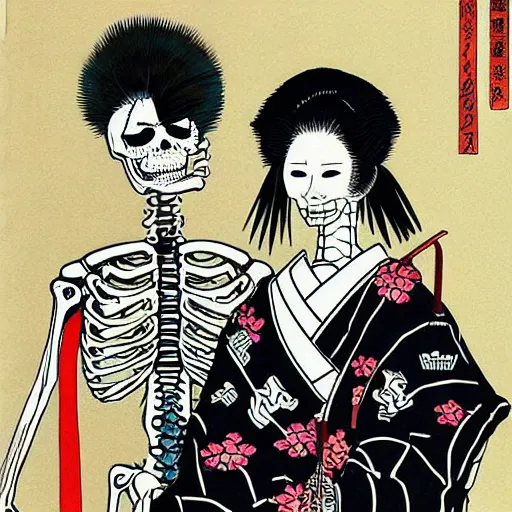 Image similar to portrait of a skeleton samurai and his beautiful Japanese wife by Toshio Saeki, high detailed