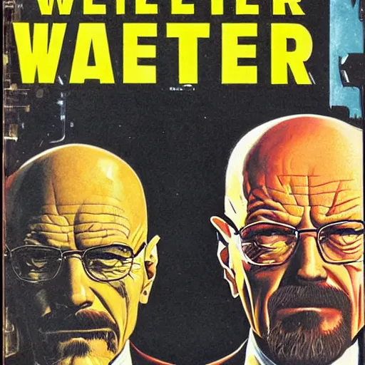 Prompt: walter white in retro science fiction cover by Kelly Freas (1960)