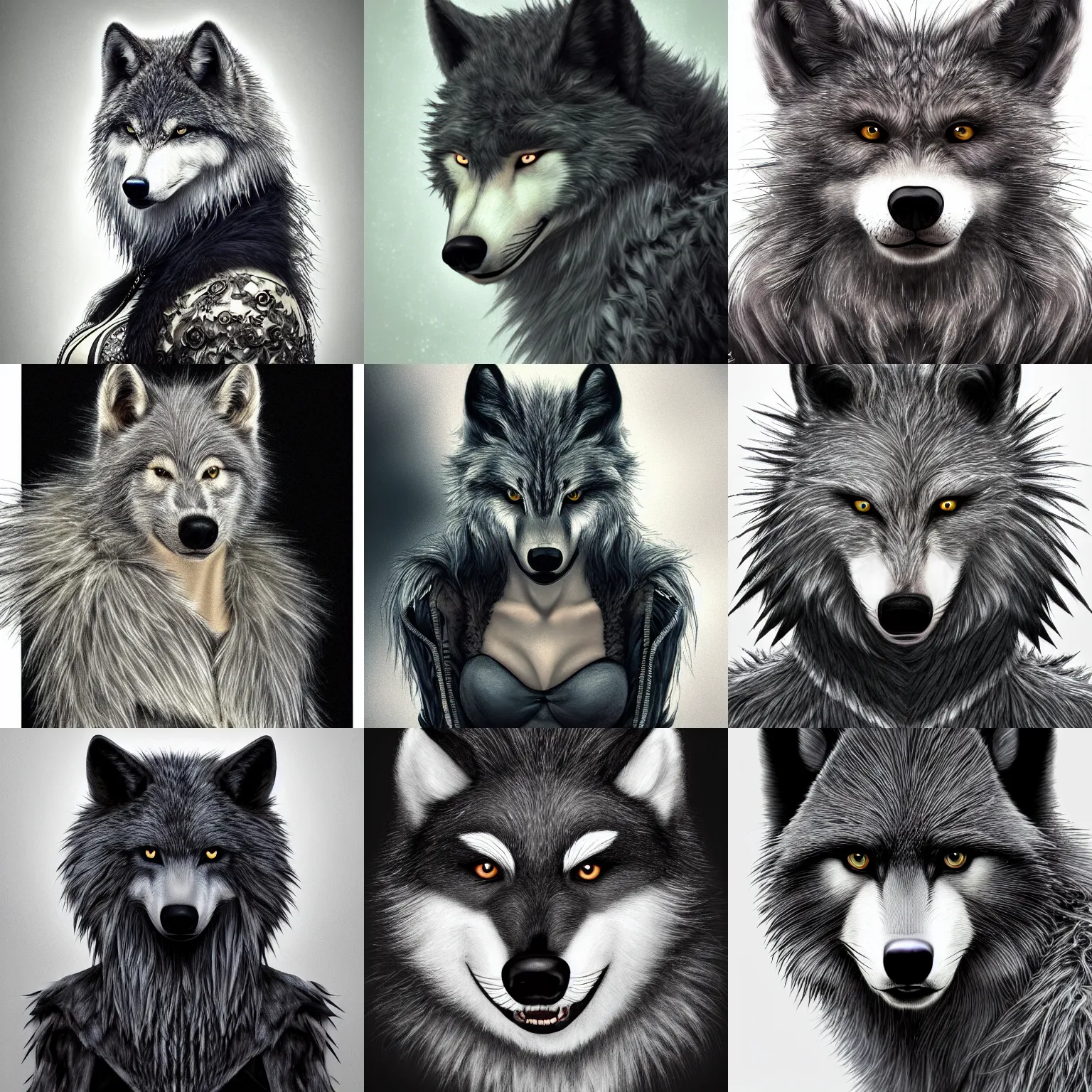 Image similar to a photograpic portrait of a anthropomorphic grey furry wolf wearing casual black clothes, black spikey hair, grey skin, floppy ears, furry character, fursona, fantasy, intricate, elegant, highly detailed, digital painting, artstation, smooth, sharp focus, illustration, art by artgerm and H R Giger and alphonse mucha