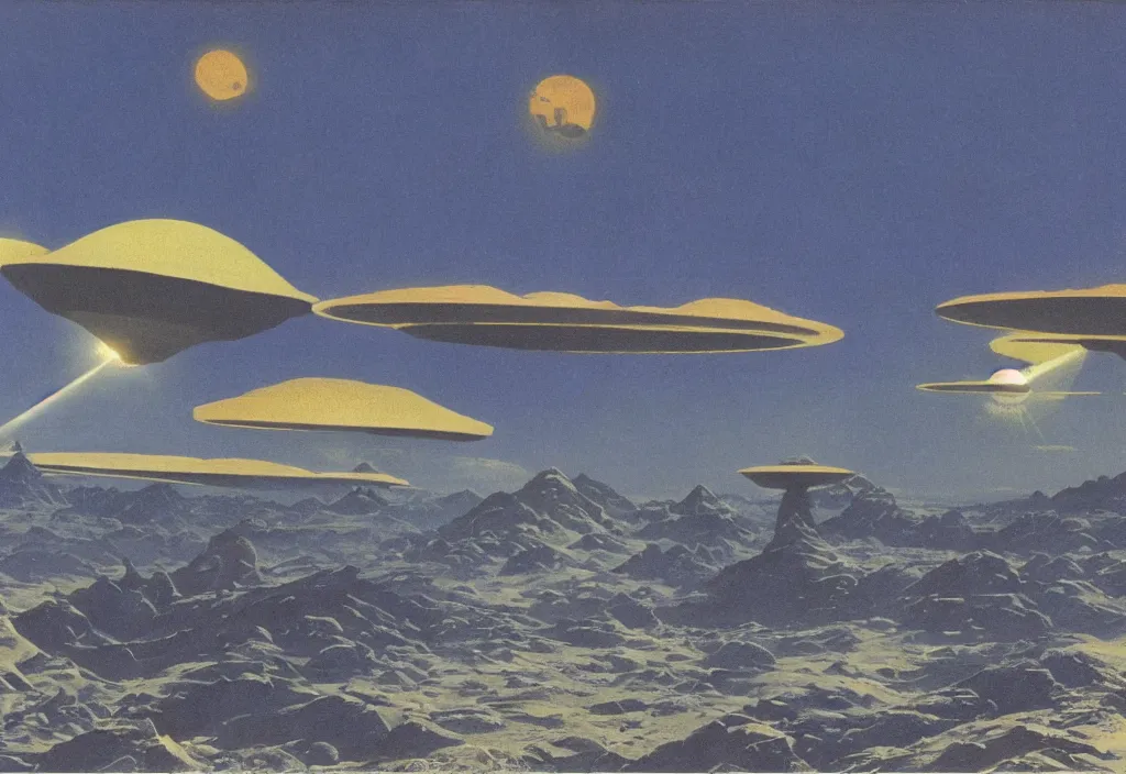 Prompt: UFO sighting, Rick Guidice, Chesley Bonestell, Lucien Rudaux, Rolf Klep, Fred Freeman, George Pal