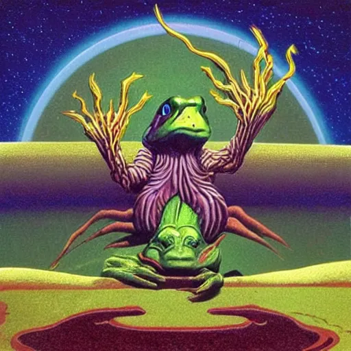 Prompt: progressive rock album cover of an elder wizard frog casting a world ending spell, in the style of Roger Dean