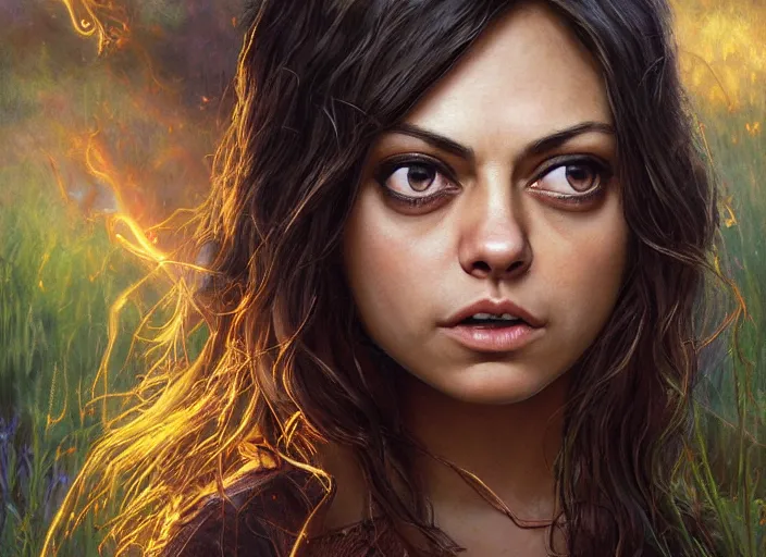 Image similar to big-eyed surprised Mila Kunis staring intensely into the camera, sundown golden hour firefly wisps, Lilia Alvarado, Sophie Anderson, Mark Arian, Bob Byerley, Charlie Bowater, Mark Brooks, Steve Henderson, Justin Gerard, Arthur Hughes, Edward Robert Hughes, Mark Keathley, Victor Nizovtsev, Carlos Shwabe, Ross Tran, WLOP