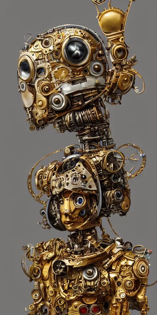 Prompt: a portrait of a robot character made of clockwork parts of gold and brass, puppet, mechanical, in the style of michael kutsche and peter mohrbacher, photorealistic, trending on artstation