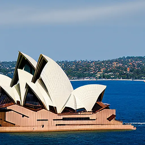 Prompt: sydney opera house as a sailboat with 1 5 different sails and huge stacks of beautiful architecture coves as sails