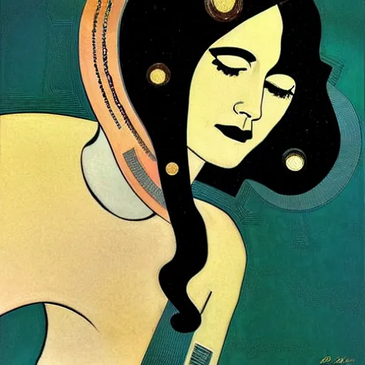Image similar to Eva Green, Art by Coles Phillips, Gilded outfit, Jet black hair, Green eyes, Portrait of the actress, Eva Green as Space Commander Alpha from the Year 4000, geometric art, poster, no text, Mucha, Kandinsky, carbon blac and antique gold