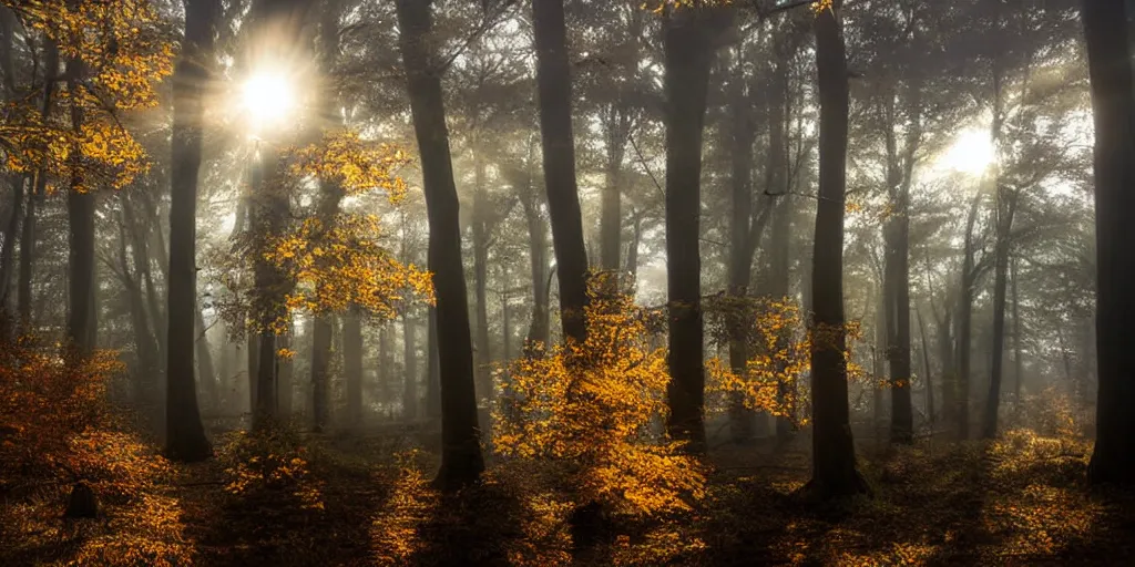 Image similar to wide angle photograph atmospheric light bloom autumn fog outside sunlight shining through windows reflections award winning contemporary interior