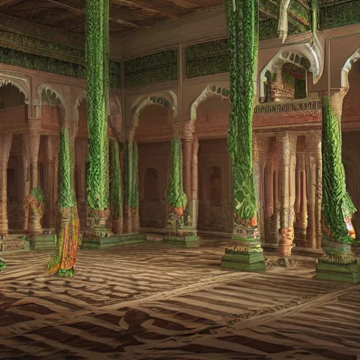 Image similar to stunning & visually striking highly detailed, hyperrealistic, intricate interior of an ancient indian palace, with tall beams, curtains, large paintings in frames, greenery around the pillars, exotic flower arrangement in style of Peter Mohrbacher, unreal engine, trending on artstation, octane render, 4K