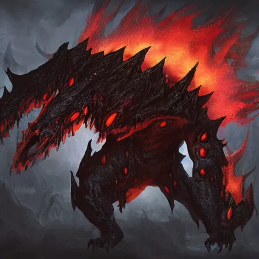 Image similar to monster with many arms and epic edgy armor. Black flames around him.