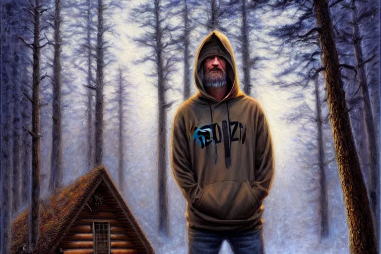 Image similar to ted kaczynski in a hoodie. log cabin background. oil painting elegant, highly detailed, centered, digital painting, artstation, concept art, smooth, sharp focus, illustration, artgerm, tomasz alen kopera, peter mohrbacher, donato giancola, joseph christian leyendecker drew struzan