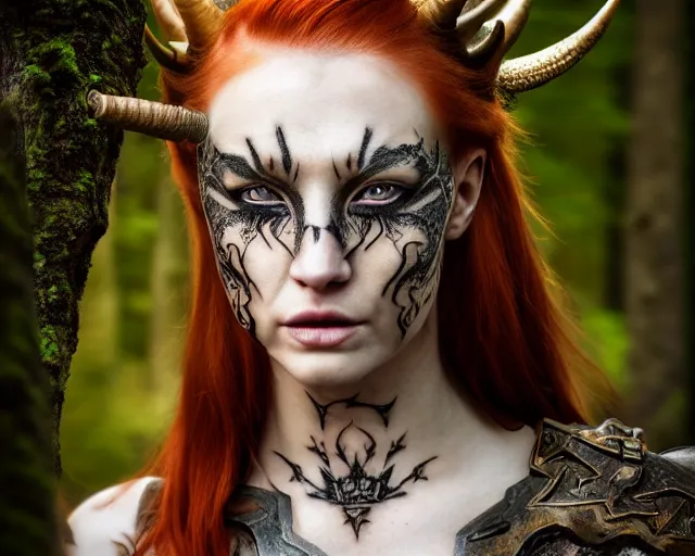 Image similar to 5 5 mm portrait photo of an armored gorgeous anesthetic redhead woman warrior with a face tattoo and horns growing from her head, in a magical forest in the style of stefan kostic, art by luis royo. highly detailed 8 k. intricate. lifelike. soft light. nikon d 8 5 0. cinematic post - processing