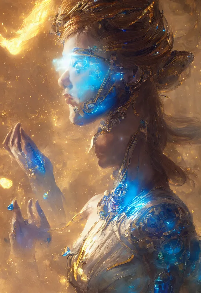 Prompt: the electronexus , goddess with golden skin with blue adornments ,Wadim Kashin, artgerm, XF IQ4, f/1.4, ISO 200, 1/160s, 8K, RAW, featured in artstation, illustrative, elegant, intricate, 8k