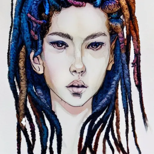 Image similar to james jean water color of a beautiful girl with dreadlock and a leather jacket