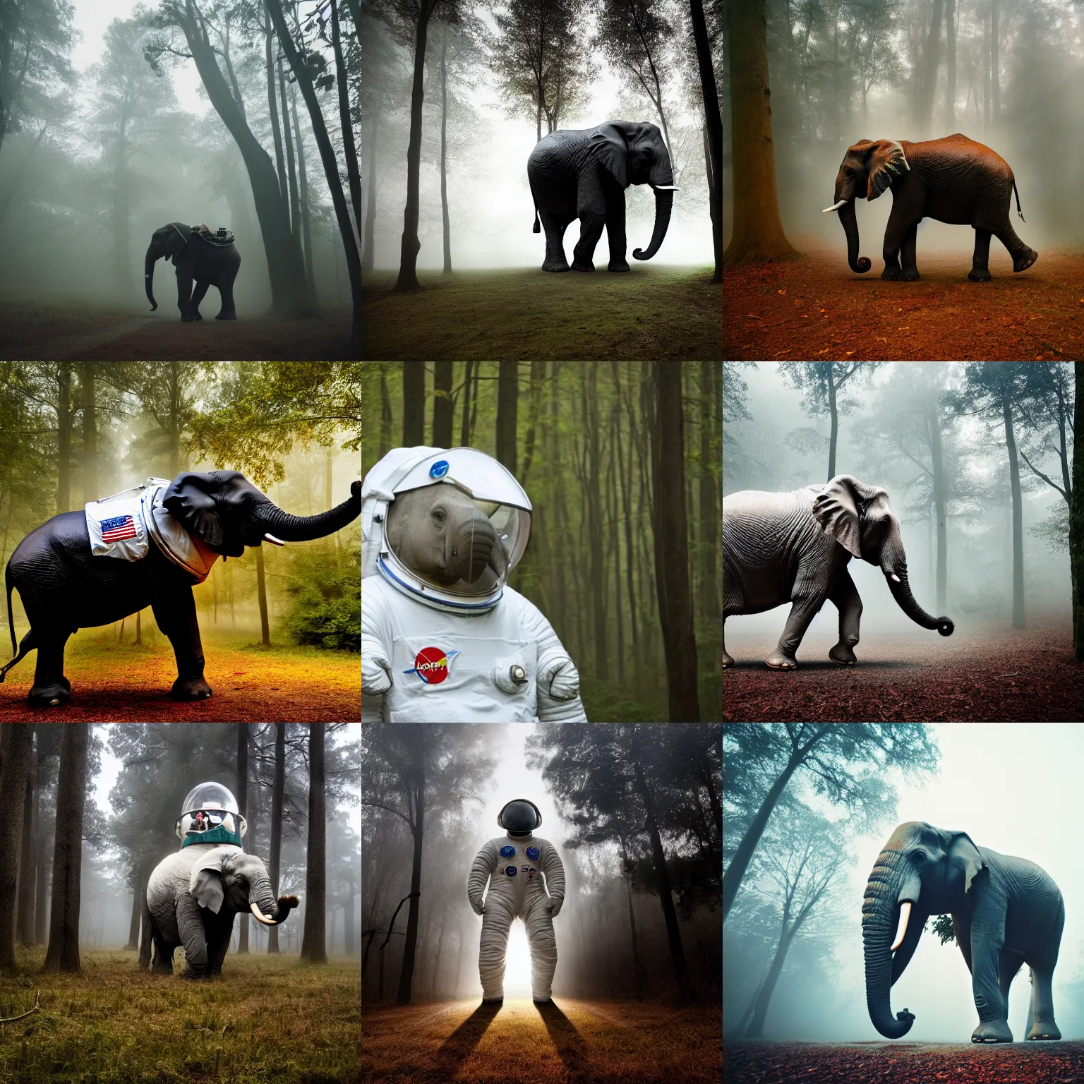 Prompt: giant elephant wearing white american spacesuit with oversized giant helmet as astronaut animal, in the woods, foggy mood, overcast bokeh, cctv - c 1 4