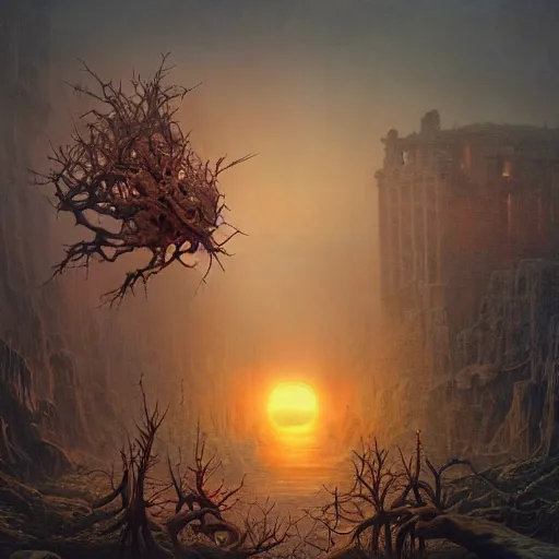 Image similar to an incredibly beautiful but ominous matte painting depicting horrifying huge burning eyes and jagged bloody teeth and thorns, overgrowing a desolate ruins submerged in fog beneath the setting sun by lisa frank and beksinski and wayne barlowe, exquisite detail, post processing, masterpiece, cinematic, sharp focus, deep colors