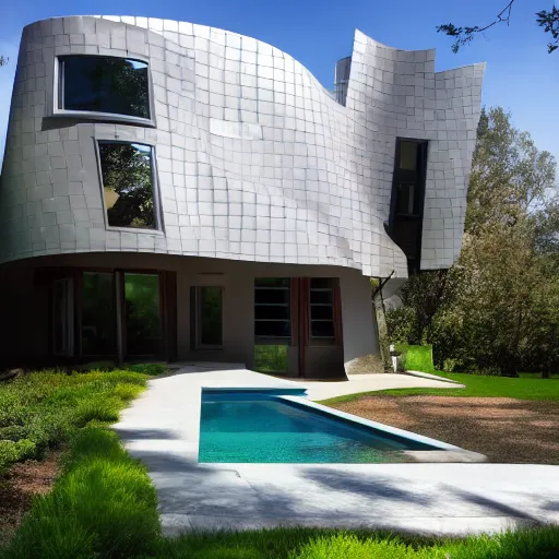 Prompt: marketing photo of a contemporary house designed by frank Gehry