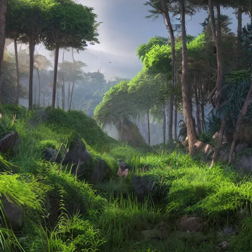 Prompt: large lush landscape, daylight, hyperdetailed, sharp, artstation, 3 d render, ray tracing