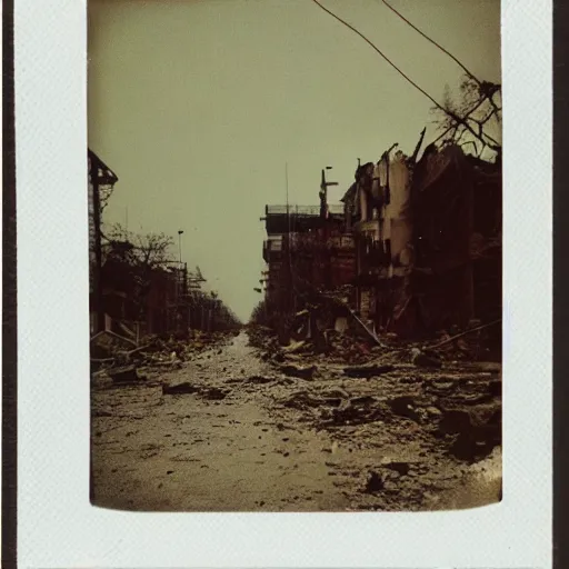 Image similar to old polaroid of a artificial intelligence walking on a destroyed city, rain, dark sky