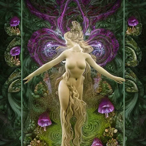 Image similar to an idealistic marble statue with fractal flowery hair in a fractal garden, glowing delicate flower and mushrooms that grow in a dark fatansy forest on the planet pandora,, symmetrical,