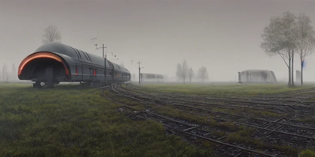 Image similar to landscape with futuristic train station in an empty field. by stalenhag. mist, fog, cyber punk, realistic, 8 k