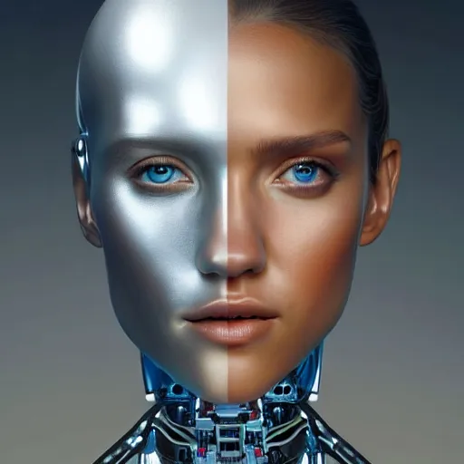 Image similar to oil paining of robotic humanoid ( white jessica alba ), intricate mechanisms, highly detailed, professional digital painting, unreal engine 5, photorealism, hd quality, 8 k resolution, cinema 4 d, 3 d, cinematic, professional photography, art by artgerm and greg rutkowski and alphonse mucha and loish and wlop