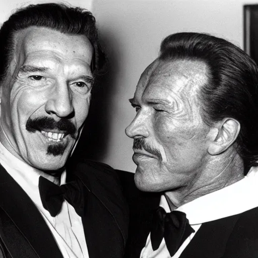 Prompt: Vincent Price holding Arnold Schwarzenegger in a headlock