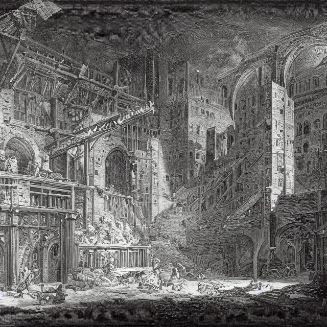 Prompt: an engraving of a medieval dungeon, carceri d'invenzione, by giovanni battista piranesi, gustave dore, volumetric lighting