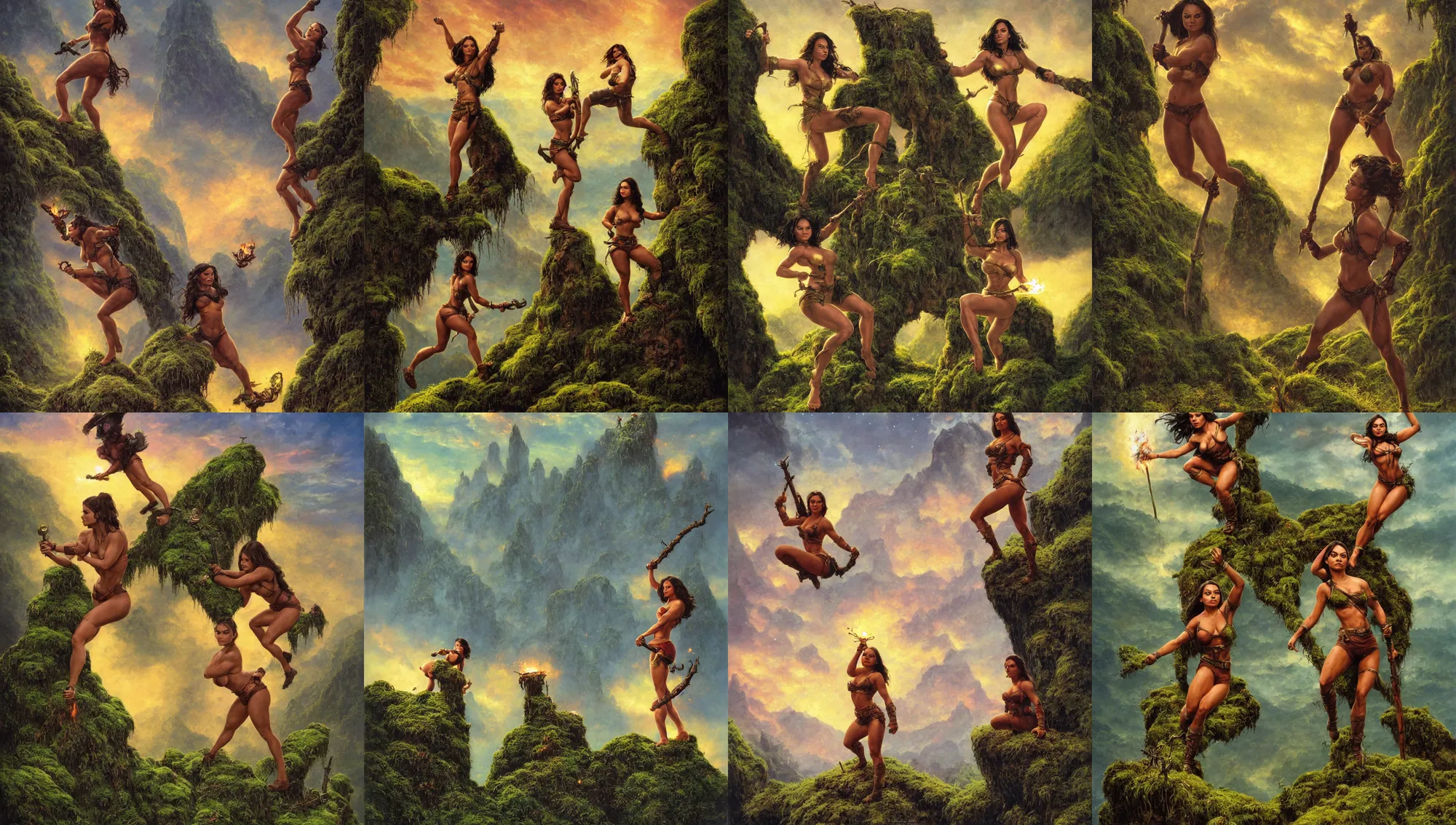 Prompt: single mila kunis as muscled amazon posing on a large mossy rock, beautiful epic vista, flowing hills, sundown golden hour, fireflies, torches in ground, eerie sky, frank frazetta, alex horley, ralph horsley, michael whelan