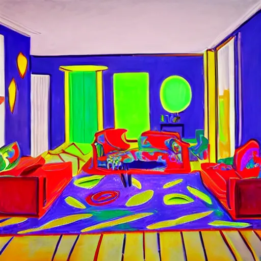 Image similar to hd photo of a living room, designed by and artist henri matisse paintings, wide lens, three point perspective, neon lights, highly detailed, unreal engine, photorealism