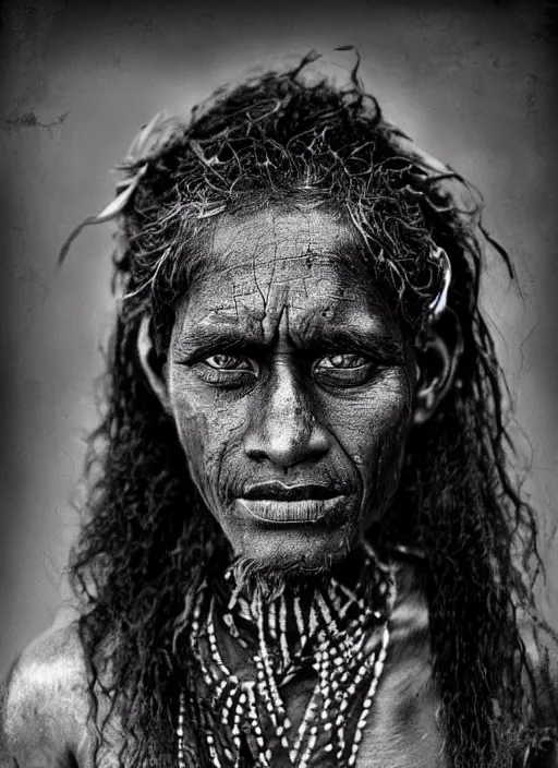 Image similar to Award winning Editorial photo of a Native Nauruans with incredible hair and beautiful hyper-detailed eyes wearing traditional garb by Lee Jeffries, 85mm ND 5, perfect lighting, gelatin silver process