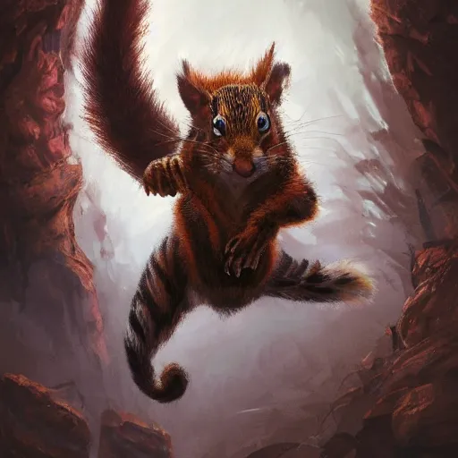 Image similar to Squirrel/tiger, ferocious, angry, magic the gathering artwork, D&D, fantasy, cinematic lighting, centered, symmetrical, highly detailed, digital painting, artstation, concept art, smooth, sharp focus, illustration, volumetric lighting, epic Composition, 8k, art by Akihiko Yoshida and Greg Rutkowski and Craig Mullins, oil painting, cgsociety