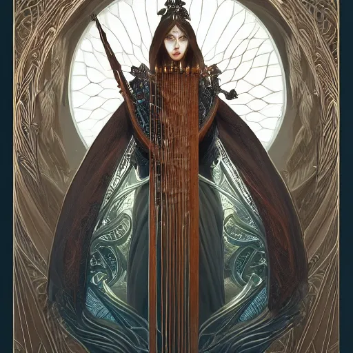 Image similar to a strange harp, d & d, fantasy, intricate, elegant, symmetrical face, highly detailed, digital painting, artstation, concept art, smooth, sharp focus, illustration, art by artgerm and greg rutkowski and alphonse mucha