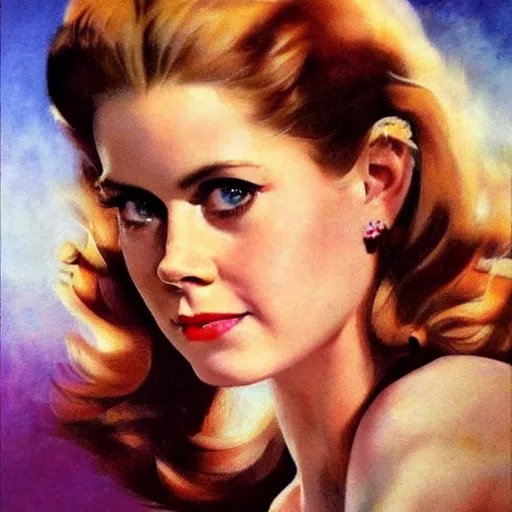 Image similar to ultra realistic portrait painting of amy adams in a vintage cigarette ad, art by frank frazetta, 4 k, ultra realistic, highly detailed, epic lighting