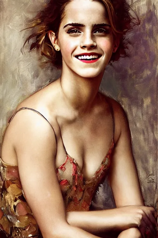 Image similar to emma watson laughing detailed portrait painting by gaston bussiere craig mullins j. c. leyendecker photograph by richard avedon peter lindbergh