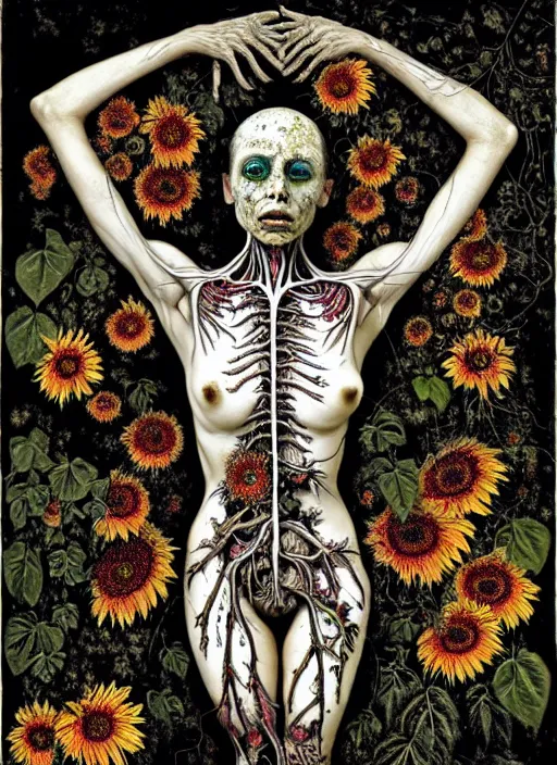 Prompt: beautiful and detailed rotten woman corpse with fractal plants and fractal sunflowers growing around, muscles, veins, arteries, intricate, organs, ornate, surreal, john constable, guy denning, dan hillier