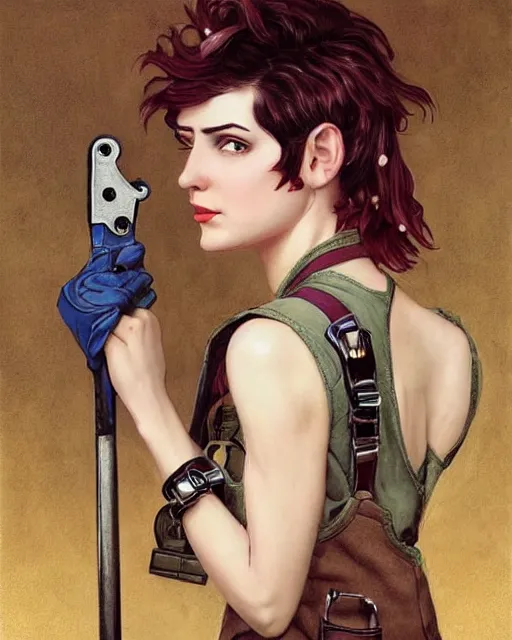 Image similar to a full body portrait beautiful androgynous punk girl with short hair and beautiful eyes, beautiful face, who is a mechanic wearing overalls carrying a tool bag, digital concept art, detailed digital painting, ornate decorative background, very aesthetic!!!!!!, by j. c. leyendecker and edward blair leighton and charlie bowater, trending on artstation
