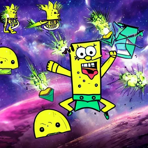 Image similar to the avengers battle spongebob squarepants in space, galaxy, hd, explosions, gunfire, lasers, spatula, giant, epic, showdown, colorful