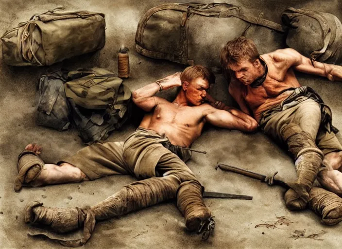 Image similar to after the battle, the warriors take their rest, art by denys tsiperko and bogdan rezunenko, hyperrealism