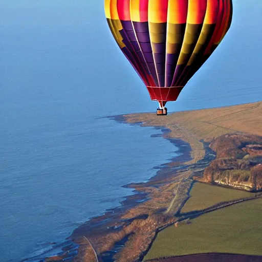 Prompt: a beautiful 8 k photo of a hot air balloon flying across the english coast in early winter, highly detailed photo