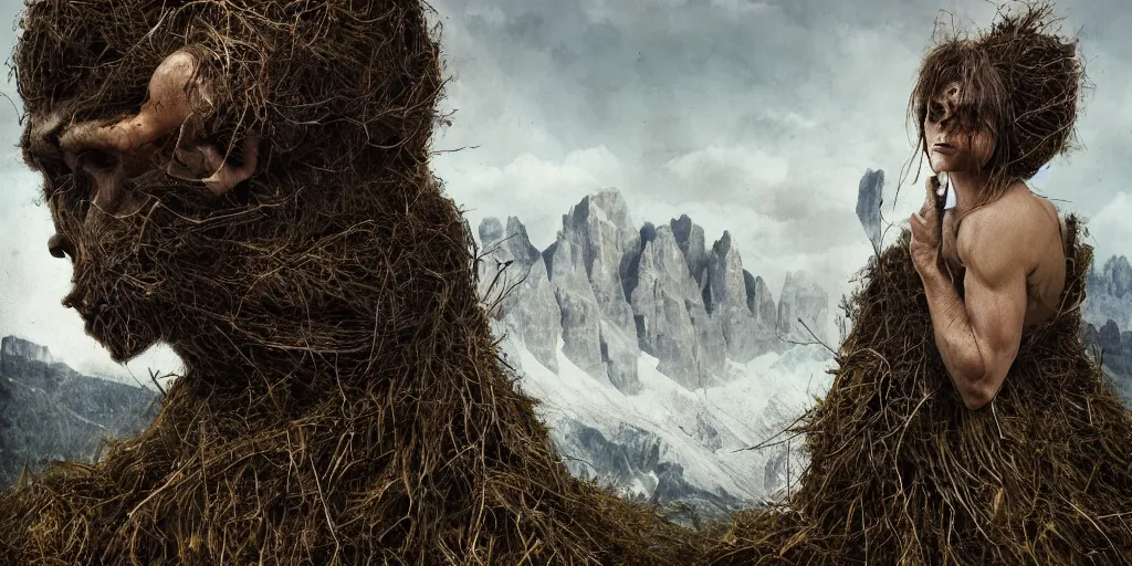 Image similar to alpine farmer transforming into a monster ,roots and hay coat, dolomites in background, dark, eerie, despair, portrait photography, artstation, digital art, concept art, artstation, highly detailed, sharp focus, by caravaggio