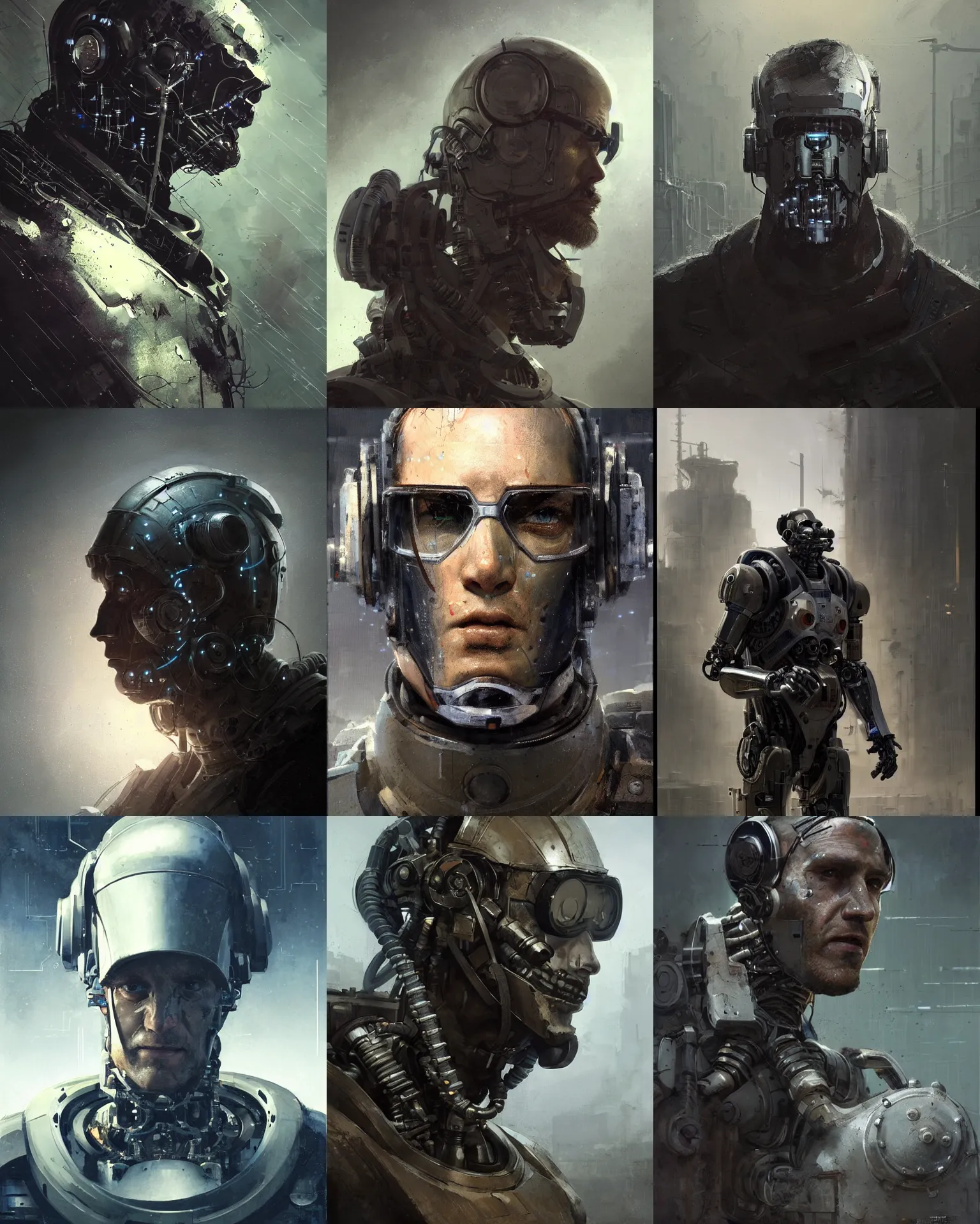 Image similar to a half - masked rugged laboratory engineer man with cybernetic enhancements as seen from a distance, scifi character portrait by greg rutkowski, craig mullins, 1 / 4 headshot, cinematic lighting, dystopian scifi outfit, profile picture, mechanical, cyborg, half robot, dieselpunk