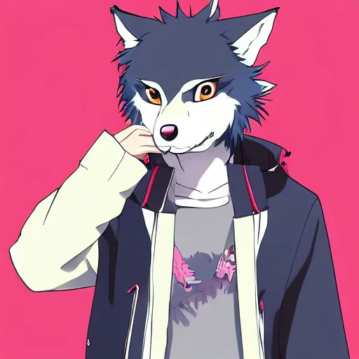 Image similar to key anime visual portrait of an anthropomorphic anthro wolf fursona, in a jacket, with handsome eyes, official modern anime art