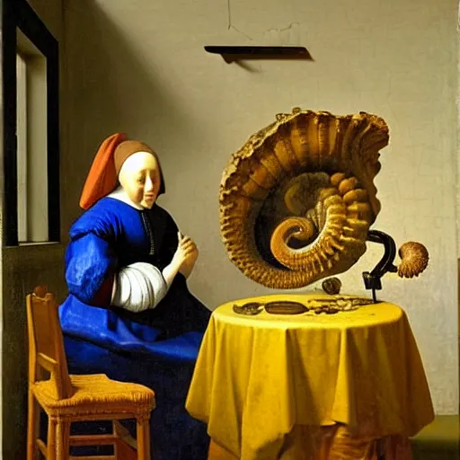 Image similar to Oil painting of an artificially-intelligent android examining an ammonite fossil in the style of The Astronomer by Johannes Vermeer, 1666, highly detailed