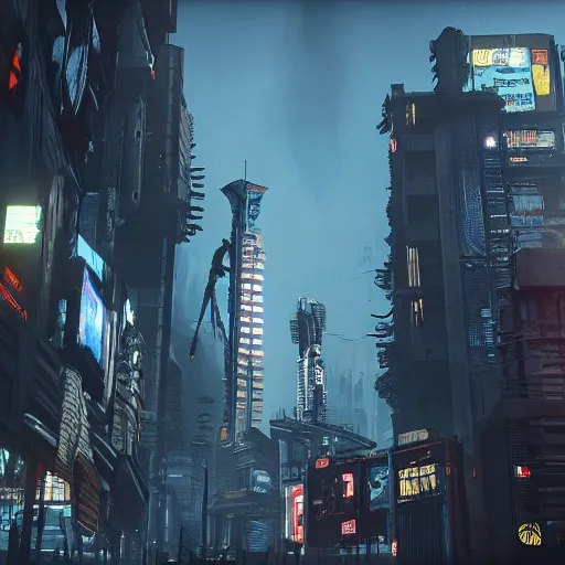 Image similar to tallneck in cyberpunk city